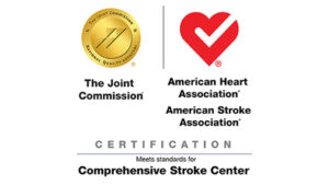 Combined logos of The Joint Commission and the American Heart Association, signifying certification of meeting the standards for comprehensive stroke care.