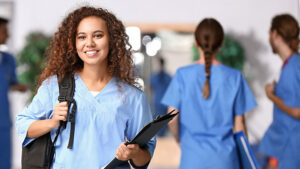 student in hall of medical university