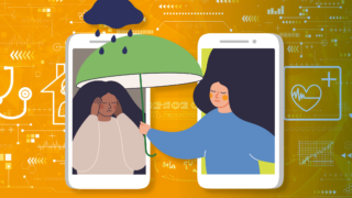 Illustration of a sad person getting help from someone with an umbrella