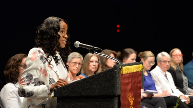 A student speaks at the Albany Medical College Class of 2028 White Coat Ceremony