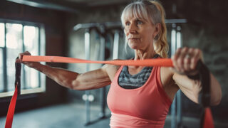 Senior woman exercising with resistance band in gym.