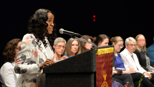 A student speaks at the Albany Medical College Class of 2028 White Coat Ceremony