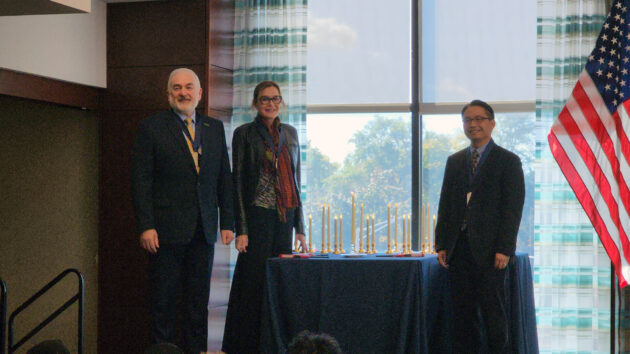 2024 Albany Prize recipients Adrian K. Krainer, PhD, Lynne E. Maquat, PhD, Howard Y. Chang, MD, PhD. during ceremony.