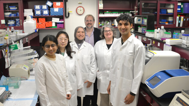 Six researchers standing in Dr. Alejandro Adam's lab at Albany Medical College